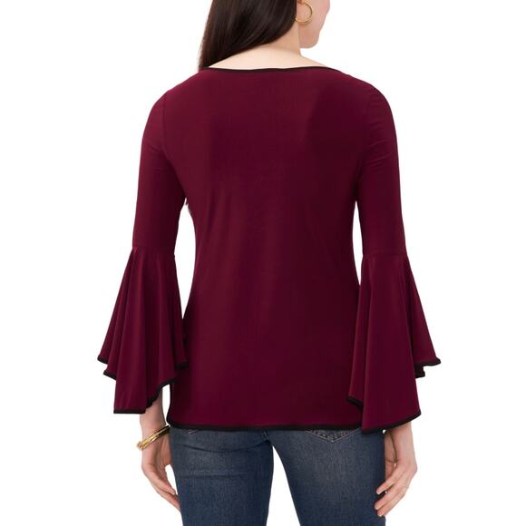 Sam & Jess Maroon Wine Contrast Trim Round Hem Bell Sleeve Blouse Top Small NWT - Picture 2 of 16